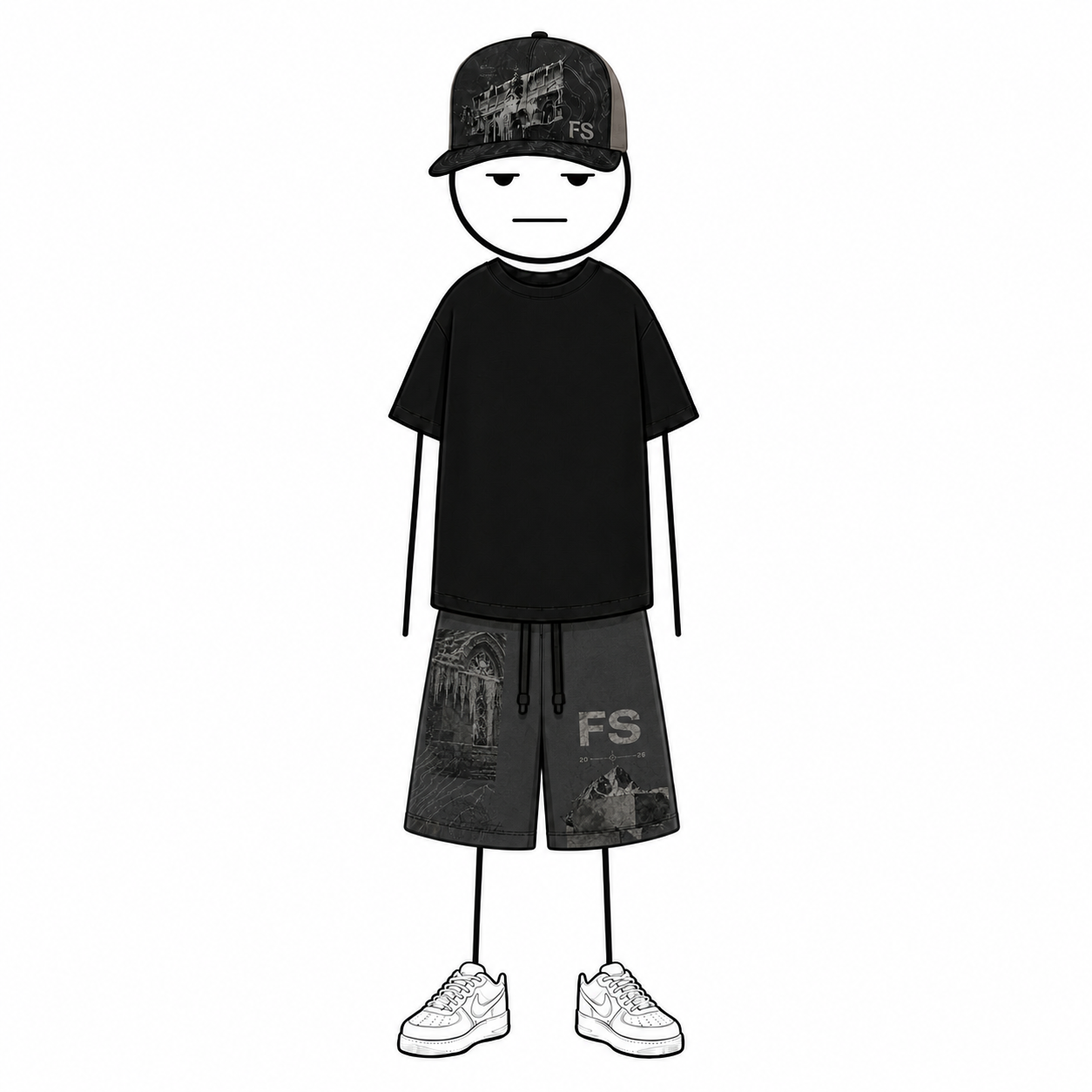 Ventic Charcoal Archive Set shown on a tall Ventic Supply stick figure wearing charcoal gothic shorts