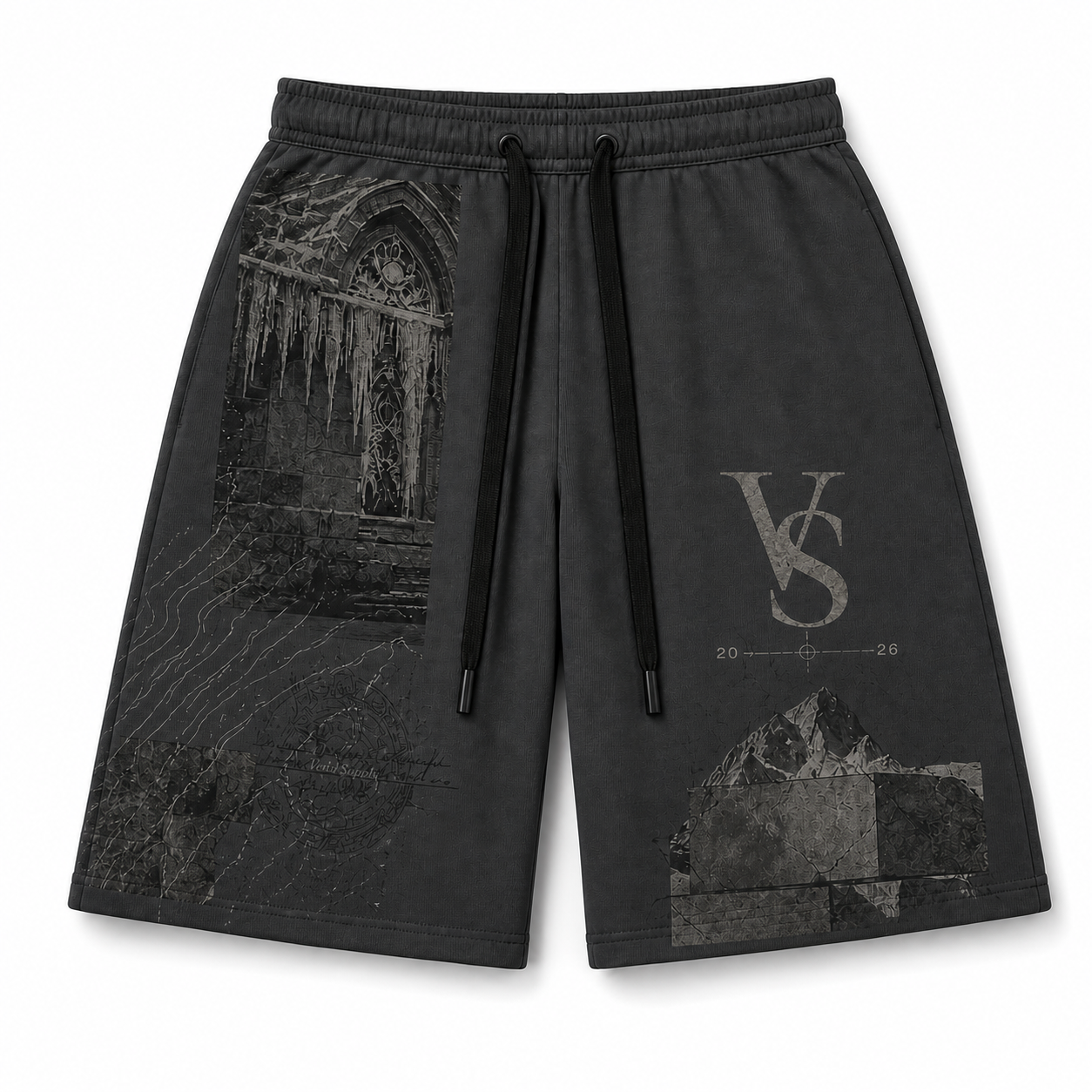Charcoal Archive long wide shorts shown alone from the front