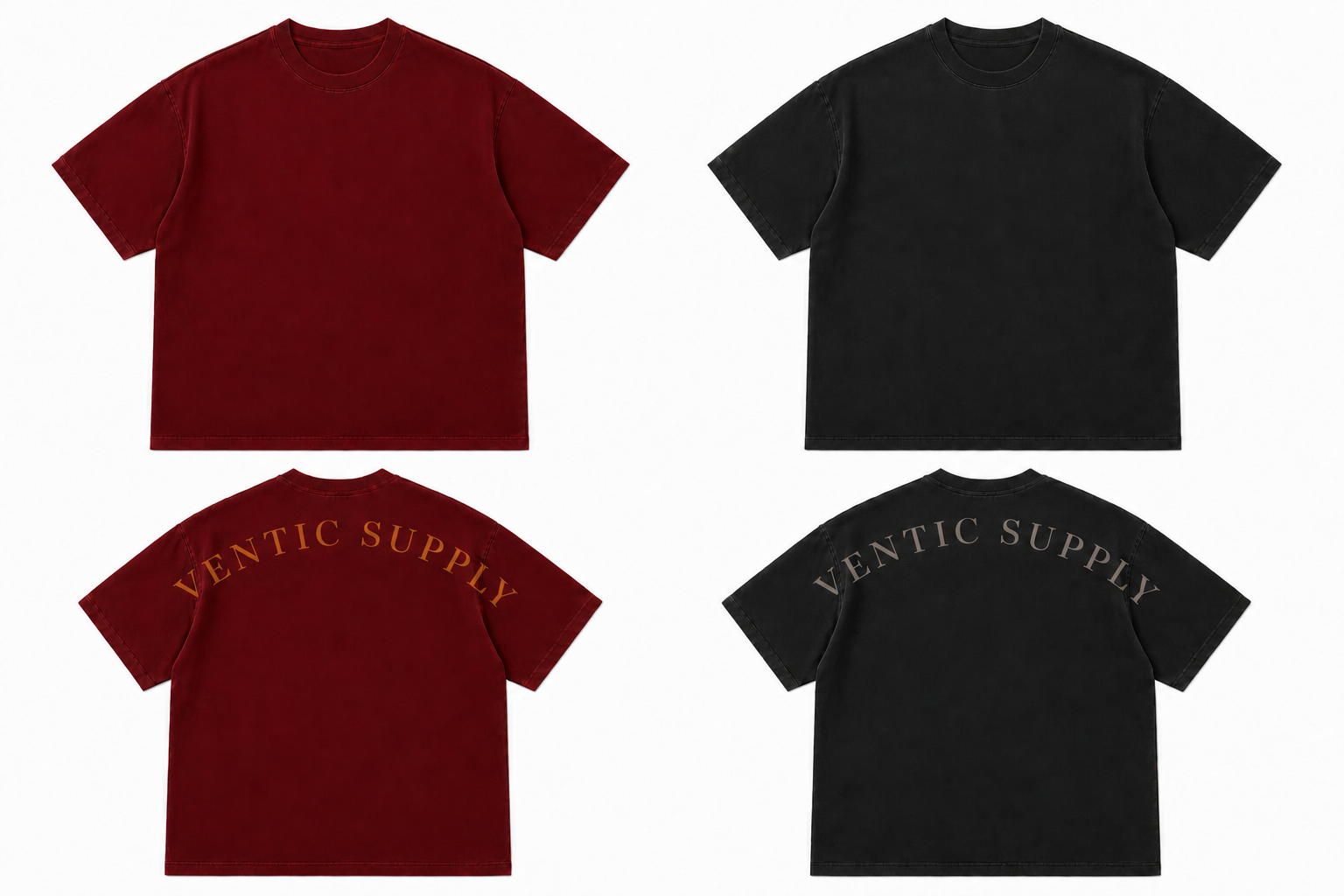 Charcoal and oxblood Arc Tees with blank fronts and curved sleeve-to-sleeve Ventic Supply back prints